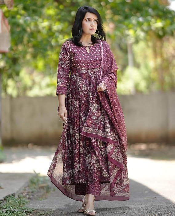  Women's Maroon Printed Anarkali Kurta with Dupatta Set – Ethnic Wear for Casual & Festive Occasions