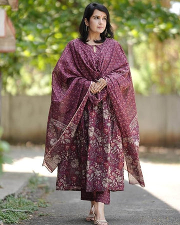 Women's Maroon Printed Anarkali Kurta with Dupatta Set – Ethnic Wear for Casual & Festive Occasions