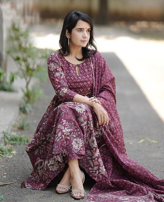 Women's Maroon Printed Anarkali Kurta with Dupatta Set – Ethnic Wear for Casual & Festive Occasions