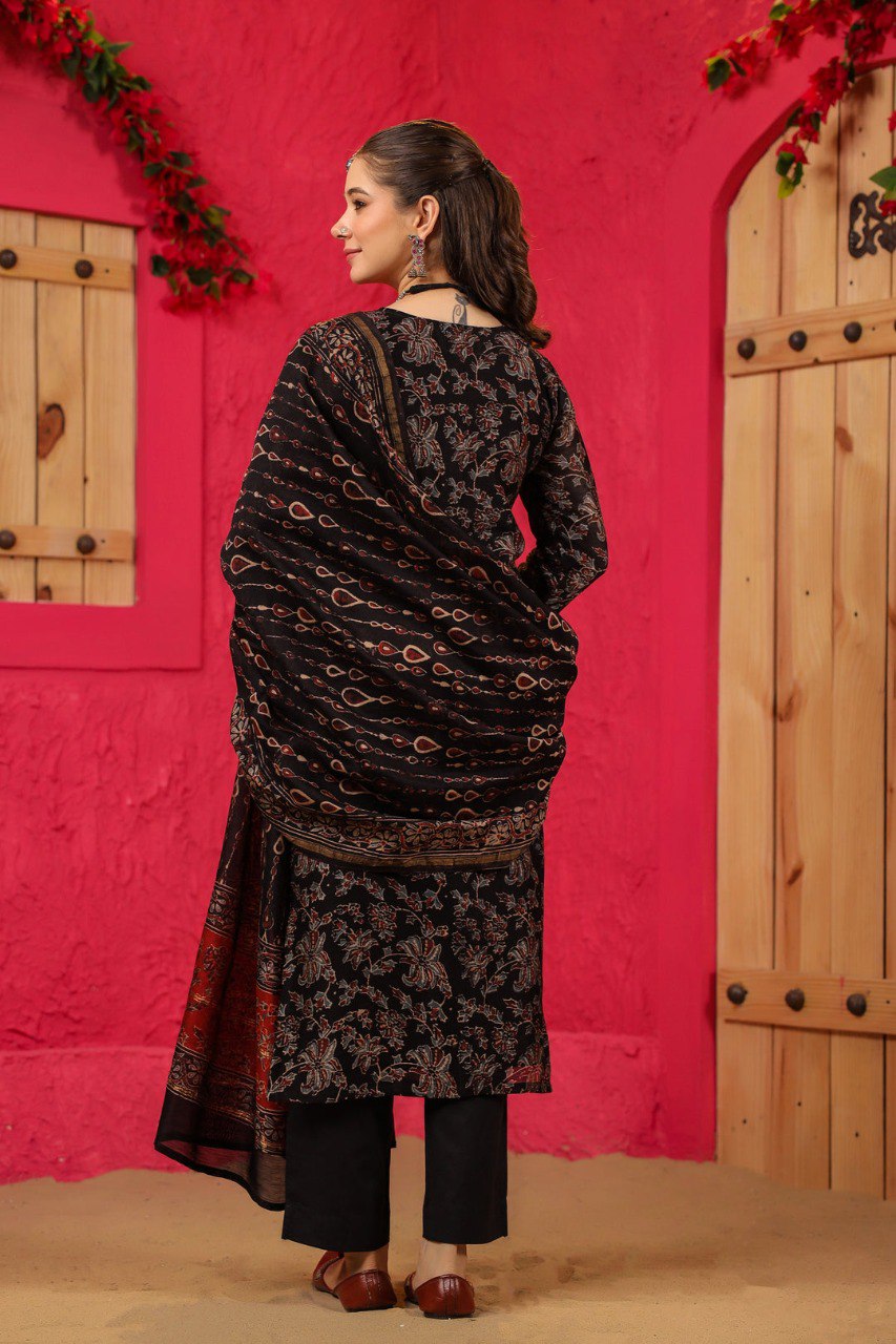 Women's Black Printed Anarkali Kurta with Dupatta Set – Elegant Ethnic Wear for Festive & Party Occasion