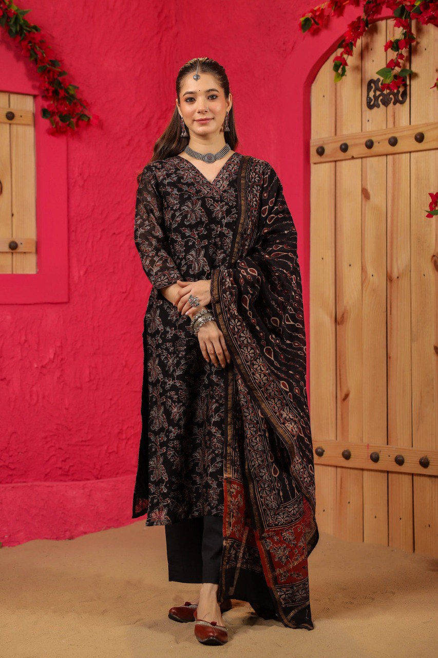 Women's Black Printed Anarkali Kurta with Dupatta Set – Elegant Ethnic Wear for Festive & Party Occasion