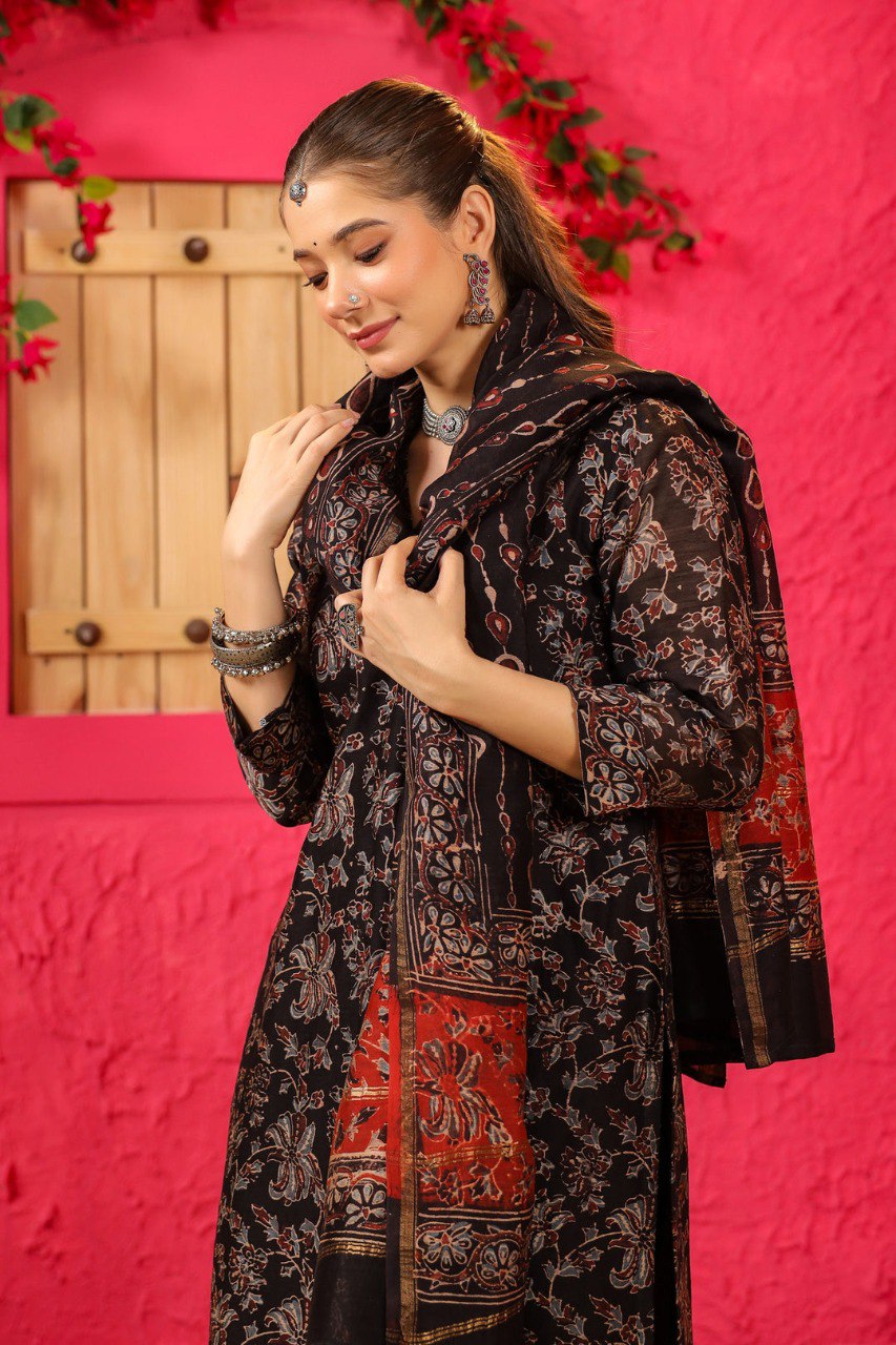 Women's Black Printed Anarkali Kurta with Dupatta Set – Elegant Ethnic Wear for Festive & Party Occasion