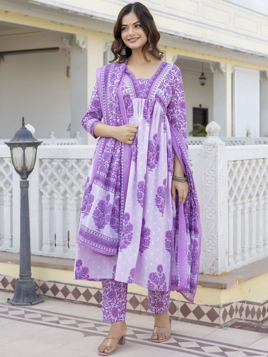 Women's Reyon Anarkali Printed Kurta with Pant & Dupatta set 
