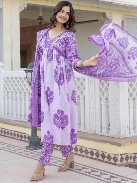 Women's Reyon Anarkali Printed Kurta with Pant & Dupatta set 