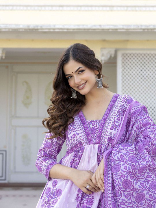 Women's Reyon Anarkali Printed Kurta with Pant & Dupatta set 
