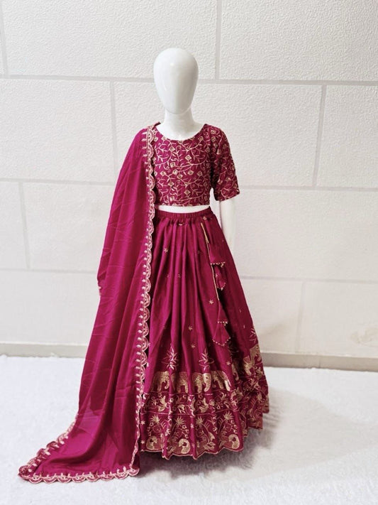 Girls’ Premium Magenta Embroidered Lehenga Set with Golden Elephant & Peacock Zari Work