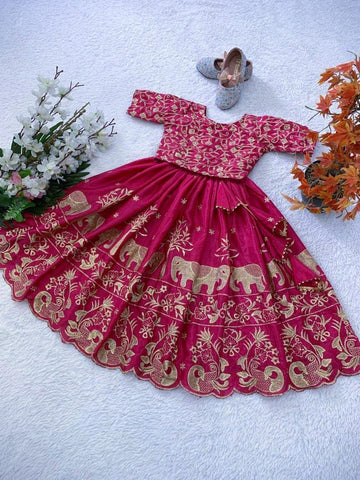 Girls’ Premium Magenta Embroidered Lehenga Set with Golden Elephant & Peacock Zari Work