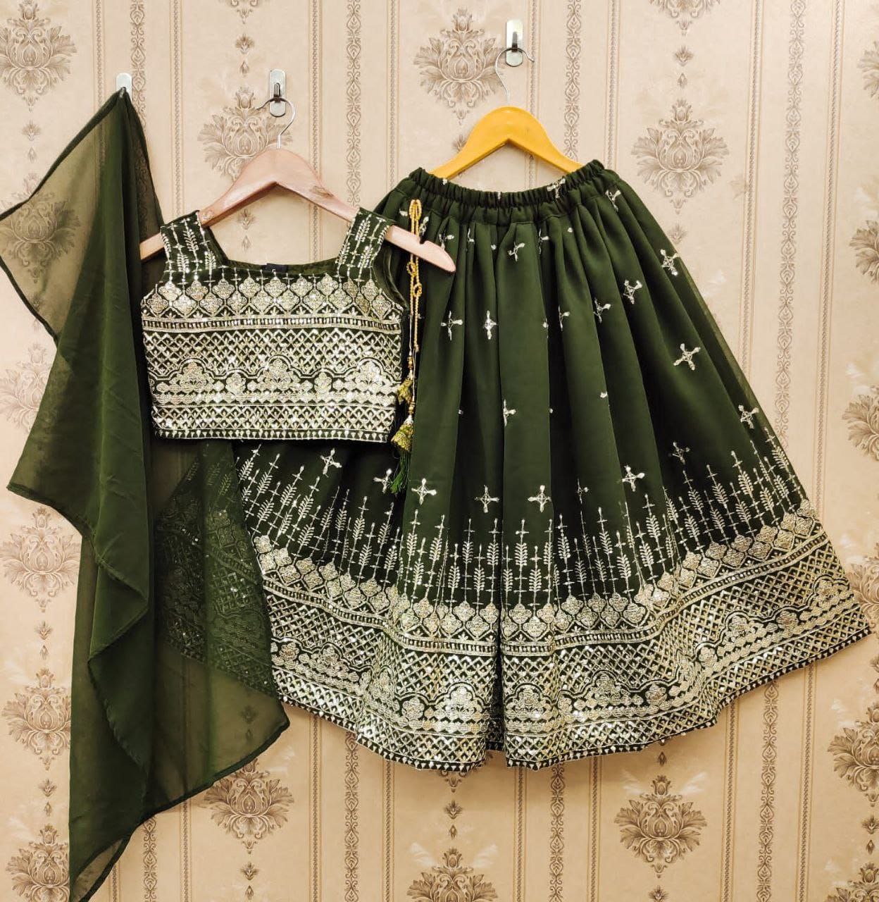 Mehendi Green Heavy Embroidered Lehenga Choli Set for Girls