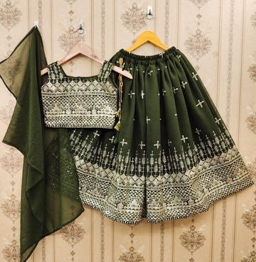 Mehendi Green Heavy Embroidered Lehenga Choli Set for Girls