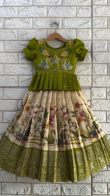 Olive Green Embroidered Peplum Top & Cream Hand-Painted Swan Lehenga Set for Girls