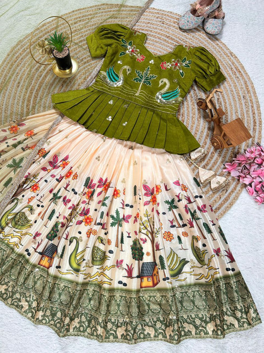 Olive Green Embroidered Peplum Top & Cream Hand-Painted Swan Lehenga Set for Girls