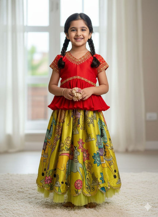 Orange Embroidered Peplum Top & Lime Green Hand-Painted Lehenga Set for Girls