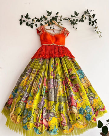 Orange Embroidered Peplum Top & Lime Green Hand-Painted Lehenga Set for Girls