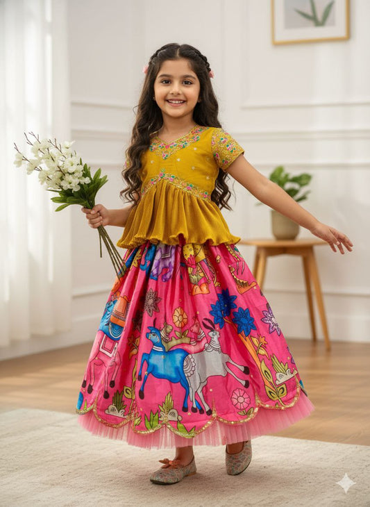 Mustard Embroidered Peplum Top & Pink Hand-Painted Lehenga Set for Baby Girls