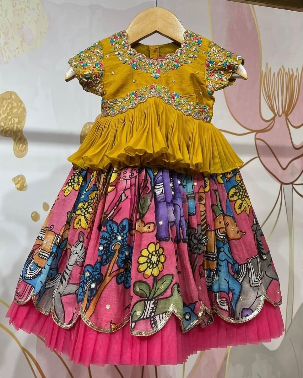 Mustard Embroidered Peplum Top & Pink Hand-Painted Lehenga Set for Baby Girls