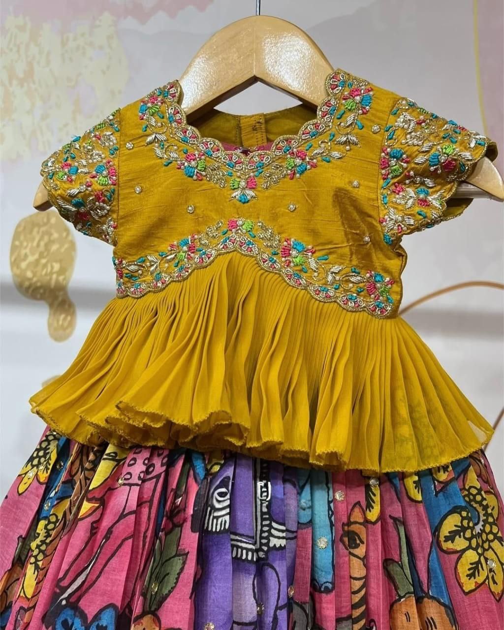 Mustard Embroidered Peplum Top & Pink Hand-Painted Lehenga Set for Baby Girls