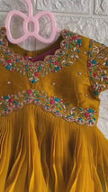 Mustard Embroidered Peplum Top & Pink Hand-Painted Lehenga Set for Baby Girls