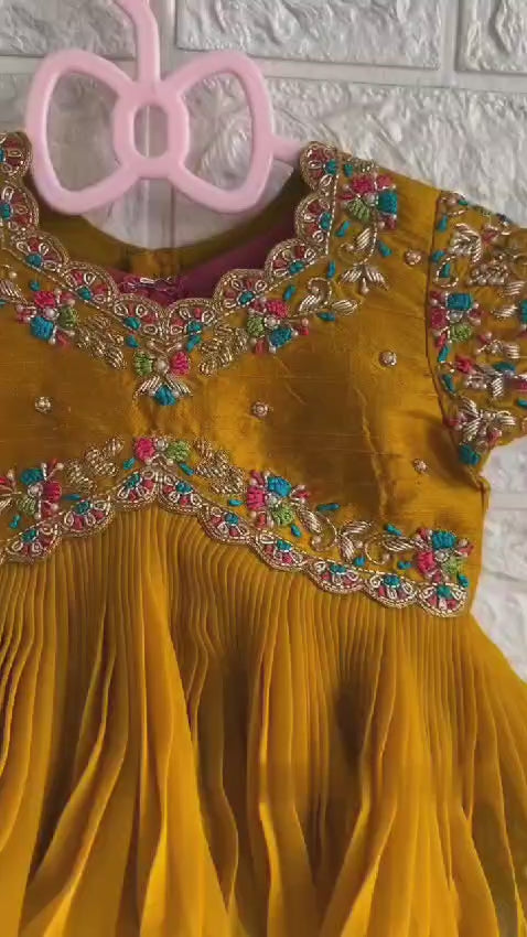 Mustard Embroidered Peplum Top & Pink Hand-Painted Lehenga Set for Baby Girls