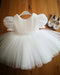 Girls White Puff Sleeve Solid Party Dress