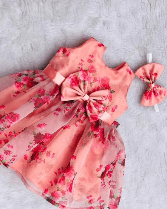 Girls Peach Flower Print Casual Dress