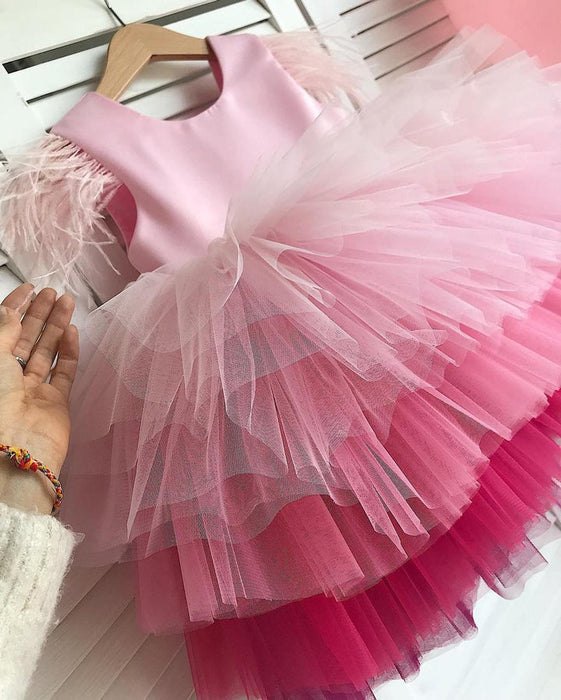 Girls Multicolor Applique Feather Sleeve Party Dress