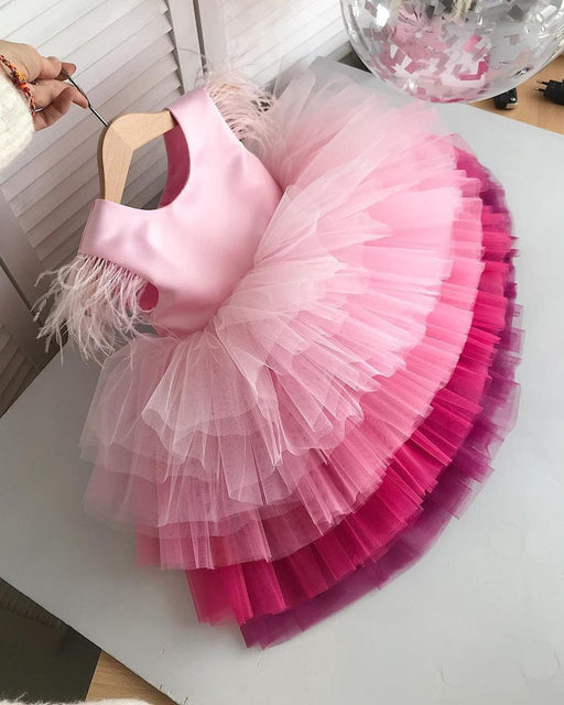 Girls Multicolor Applique Feather Sleeve Party Dress