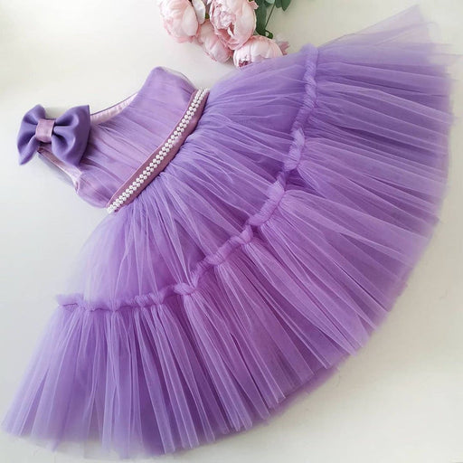 Girls Purple Floral Applique Party Dress