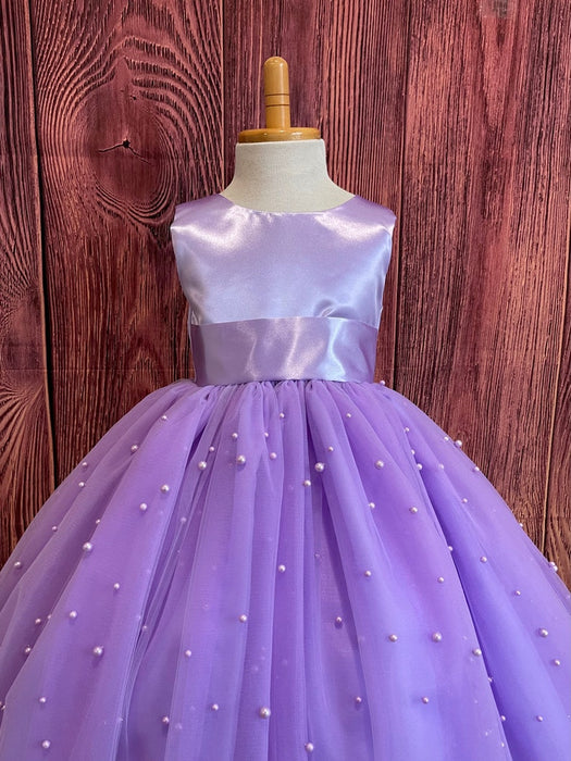 Girls Purple Pearls V-Back Knee-Length Party Dress